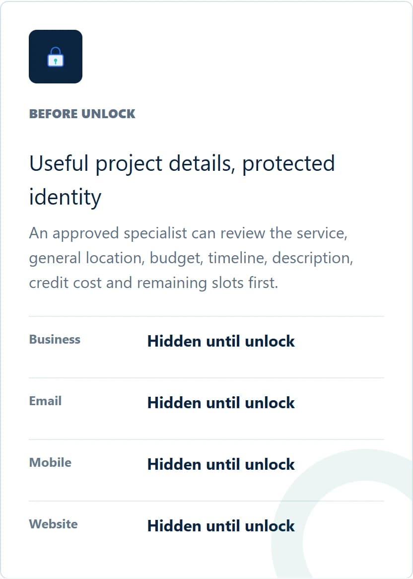 Example GrowthBrief privacy view showing business, email, mobile and website details hidden until unlock